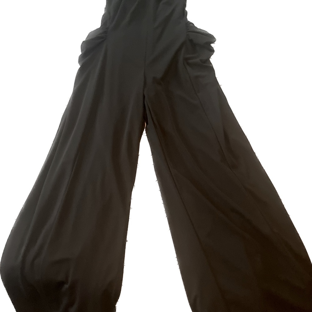 Wide leg black designer jumpsuit with open back